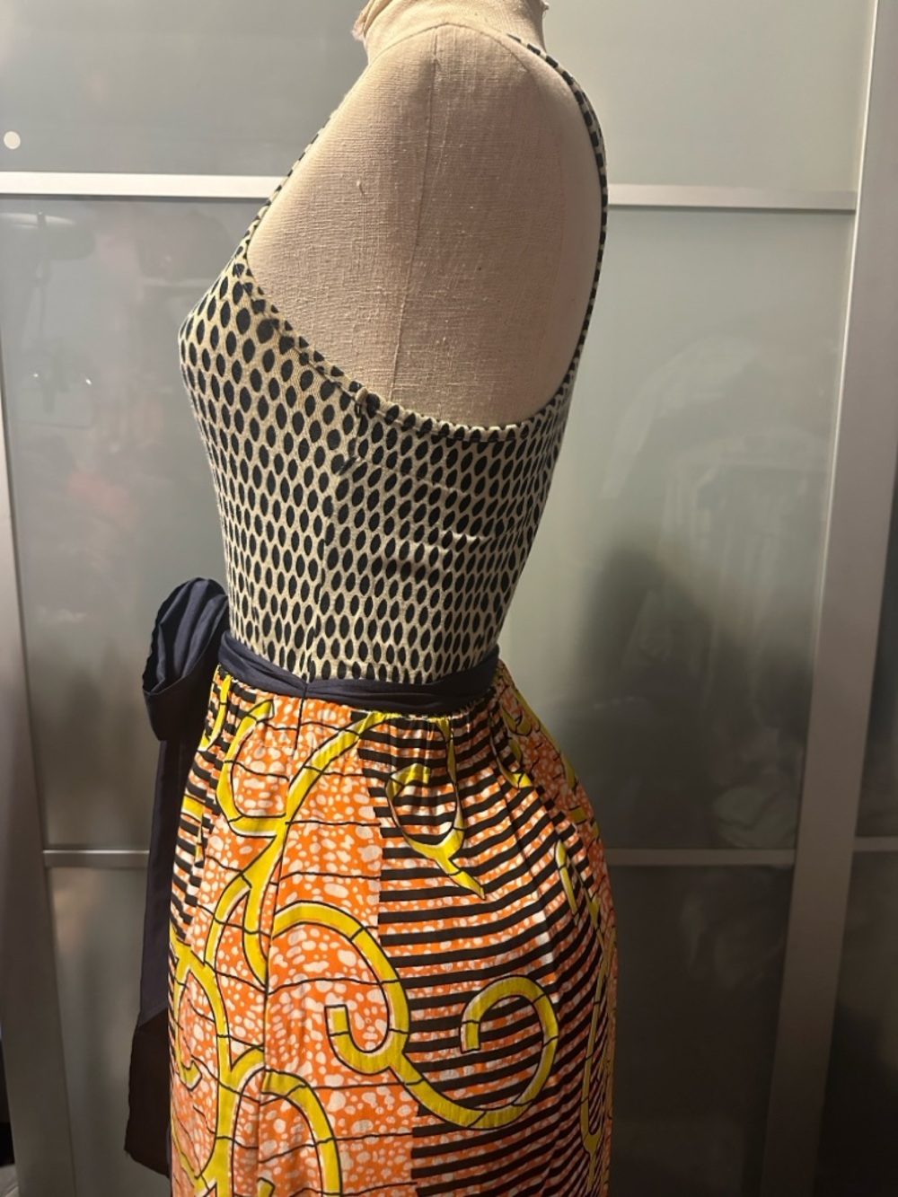 Women's Orange Patterned A-Line Dress with Navy Tie - Picture 2 of 4